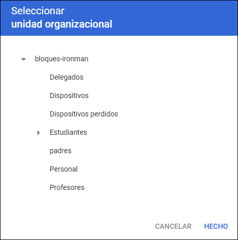 Consola de administración de Google: ventana Seleccionar unidad organizativa