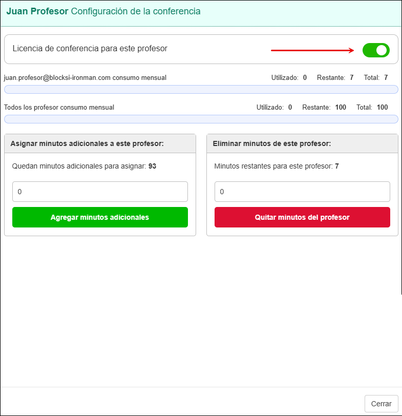 Configuración de la conferencia de profesores: quitar licencia de la ventana de profesores individuales