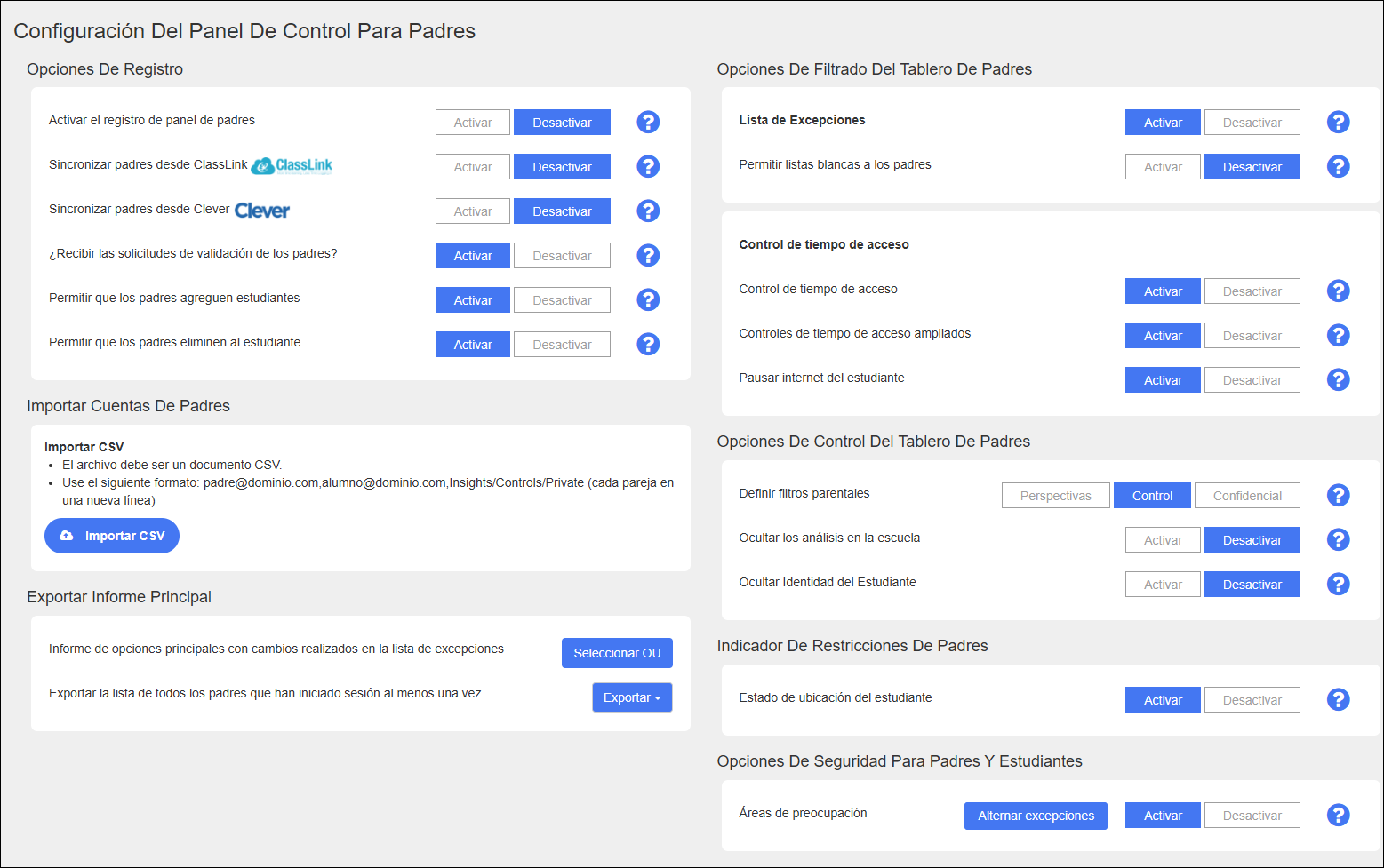 Configuración del panel de control para padres