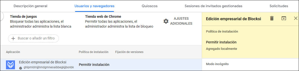 Consola de administración de Google: Permitir instalación