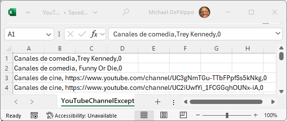 Archivo de muestra de importación de lista de excepciones de canales de YouTube