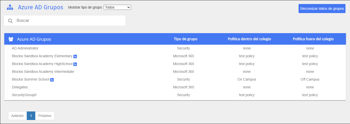Pantalla de grupos de Azure AD
