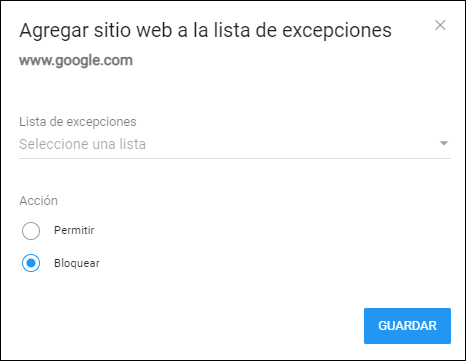 Ventana Agregar sitio web a la lista de excepciones