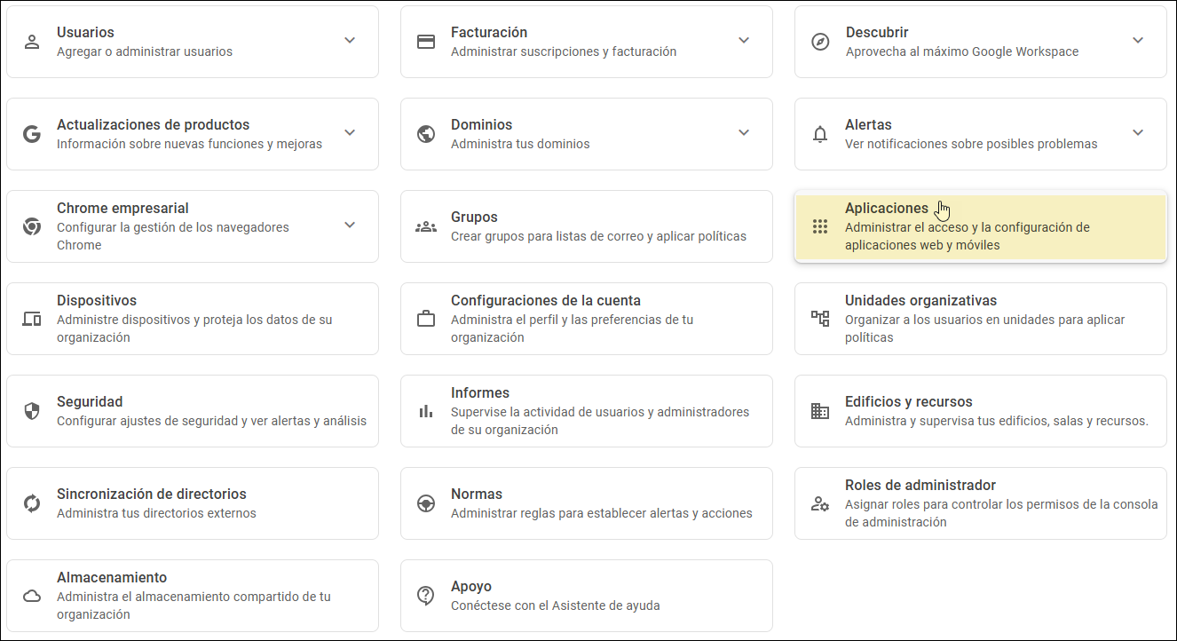 Consola de administración de Google: Seleccionar aplicaciones