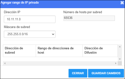 Ventana para agregar rango de IP privada
