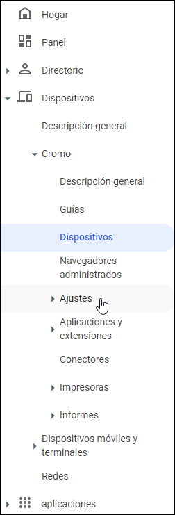 Consola de administración de Google: seleccione Configuración de Chrome