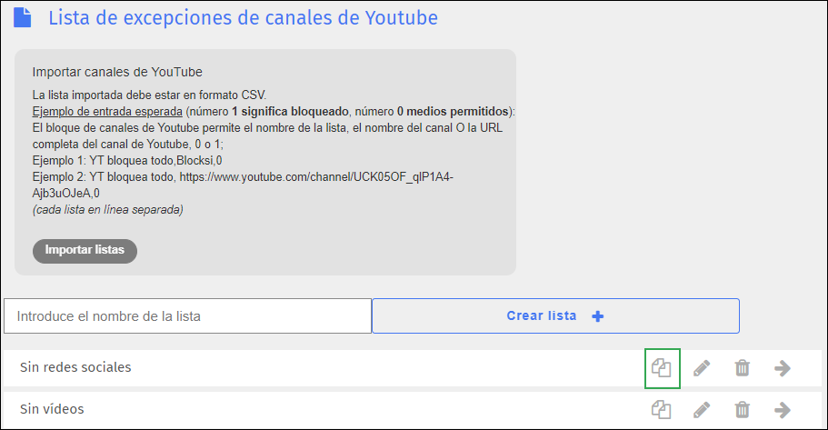 Pantalla de lista de excepciones de canales de YouTube: icono duplicado