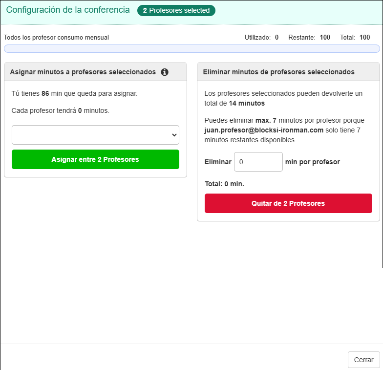 Configuración de la conferencia de profesores: ventana para agregar o quitar actas de varias conferencias de profesores