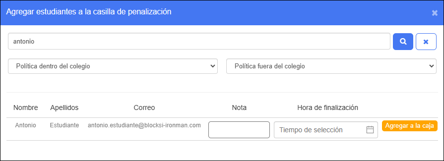 Ventana Agregar estudiantes a la casilla de penalizaciones: seleccionar políticas