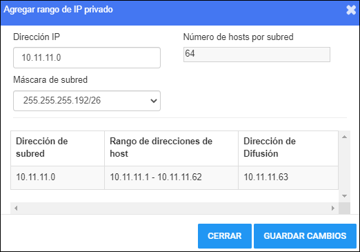 Ventana Agregar rango de IP privada - Con datos