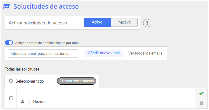 Pantalla de solicitudes de acceso: configurar notificación por correo electrónico