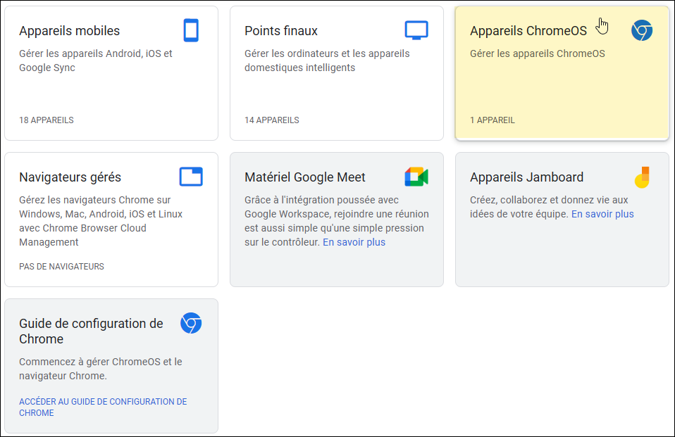 Console d'administration Google - Sélectionner les appareils ChromeOS