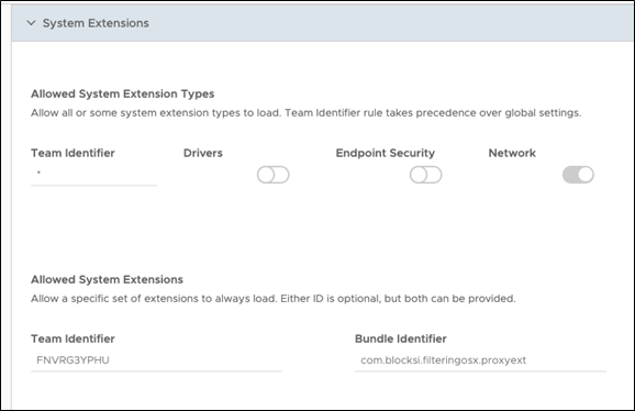 Écran des extensions système