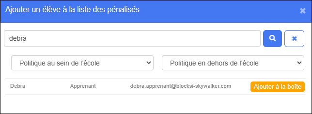 Ajouter des étudiants à la fenêtre de la zone de pénalité - Sélectionner les politiques