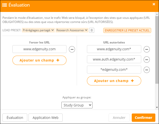 Préréglage de la fenêtre d'évaluation