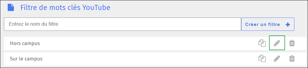 Écran de filtrage des mots-clés YouTube - Icône Modifier