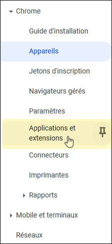 Console d'administration Google - Sélectionner des applications et des extensions