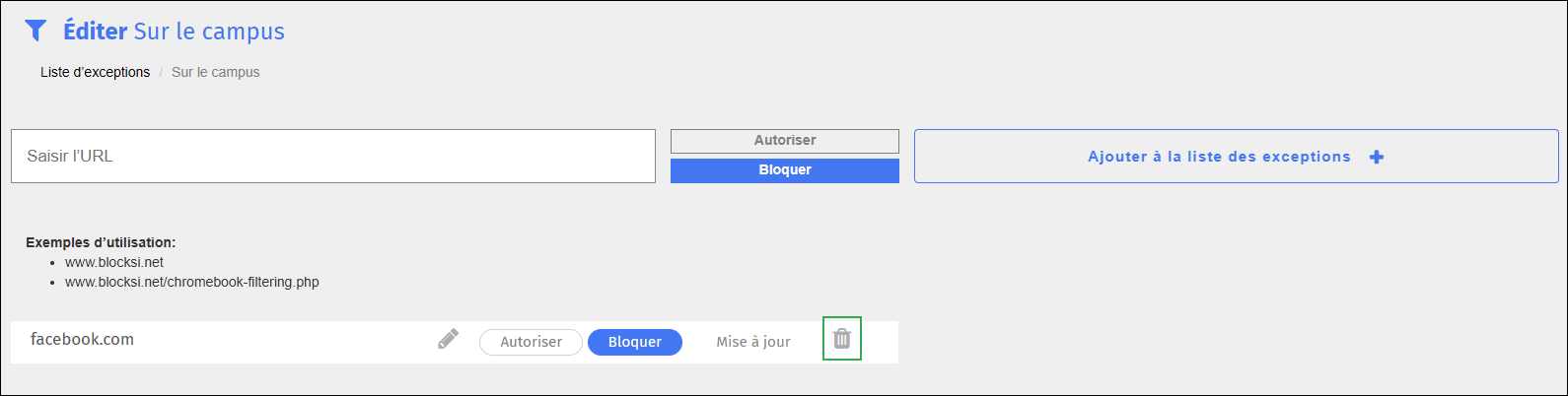 Écran de modification de la liste des exceptions - Icône Supprimer