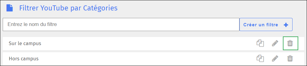 Écran de filtrage des catégories YouTube - Icône Supprimer