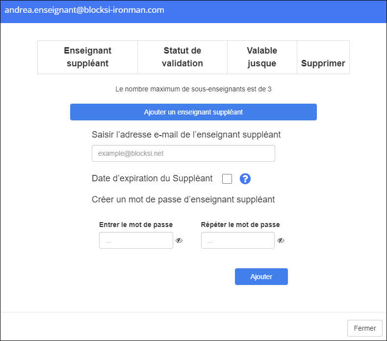 Fenêtre Ajouter un enseignant suppléant - Ajouter un enseignant