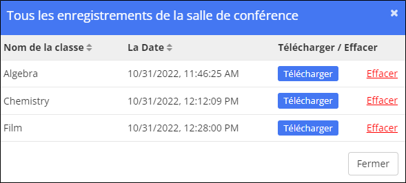 Fenêtre d'enregistrement de toutes les salles de conférence