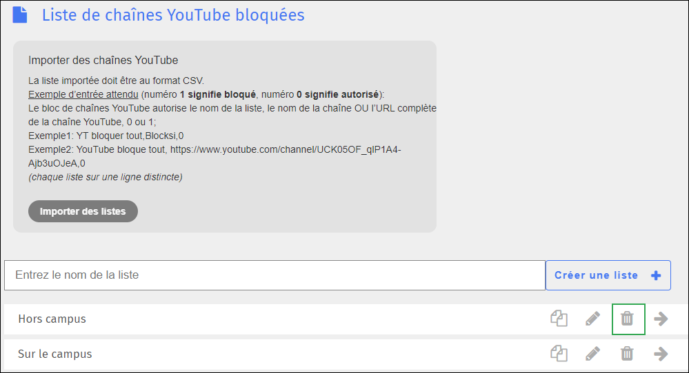 Écran de la liste des exceptions de la chaîne YouTube - Icône Supprimer
