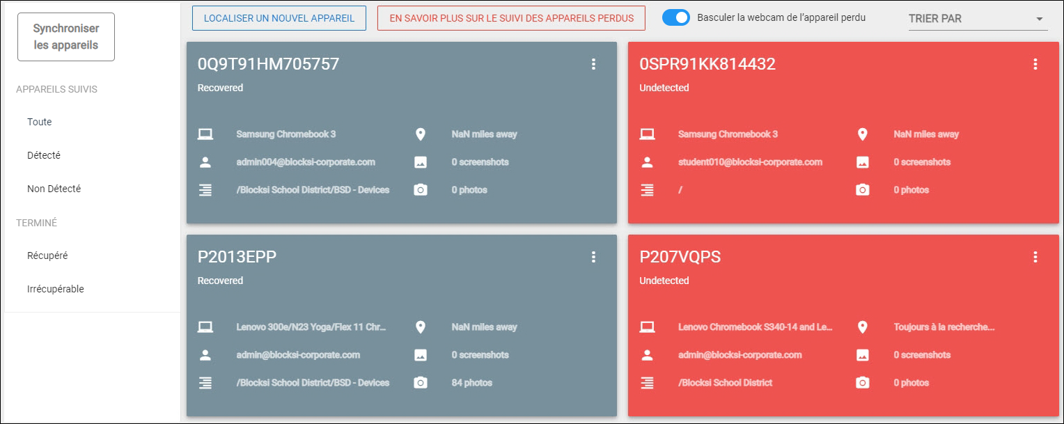 Écran des appareils perdus et récupérés