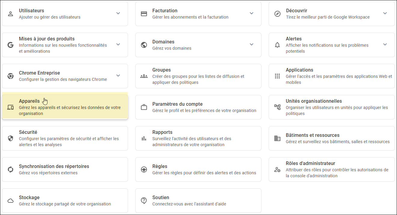 Console d'administration Google - Sélectionner les appareils