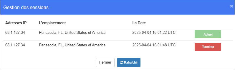 Fenêtre de gestion des sessions