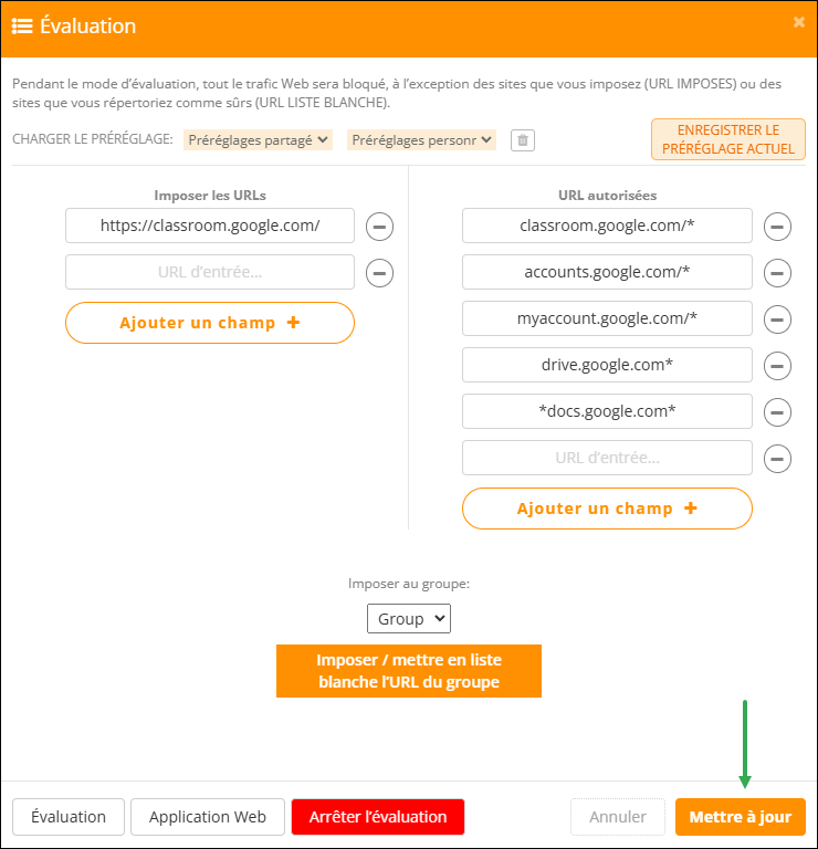 Modifier la fenêtre d'évaluation