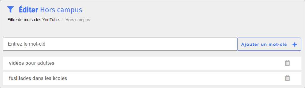 Écran d'édition du filtre de mots-clés YouTube