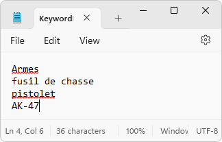 Fichier d'exemple d'importation de filtre de mots-clés