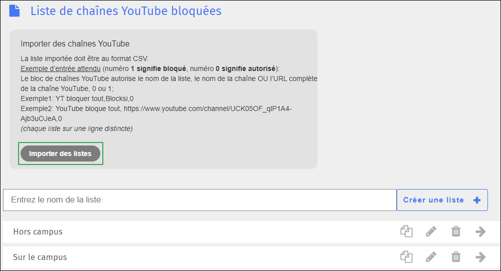 Écran de la liste des exceptions de la chaîne YouTube - Bouton Importer