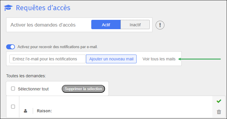 Écran Demandes d'accès - Lien Afficher tous les e-mails