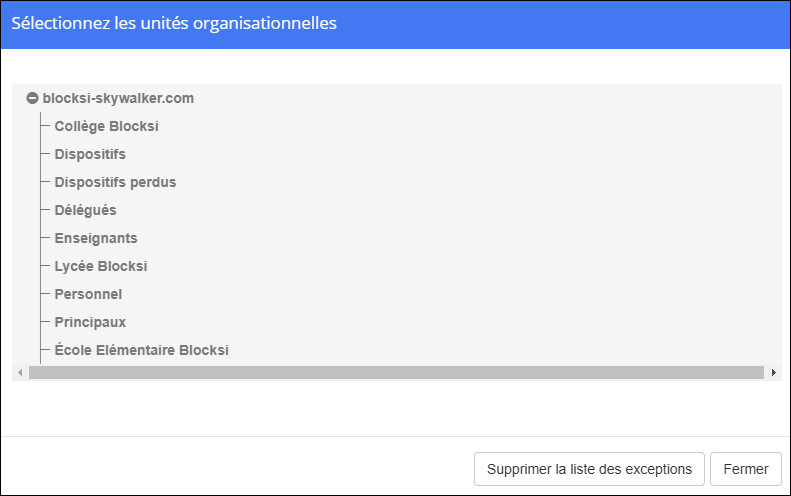 Enseignants - Supprimer la liste des exceptions de la fenêtre OU