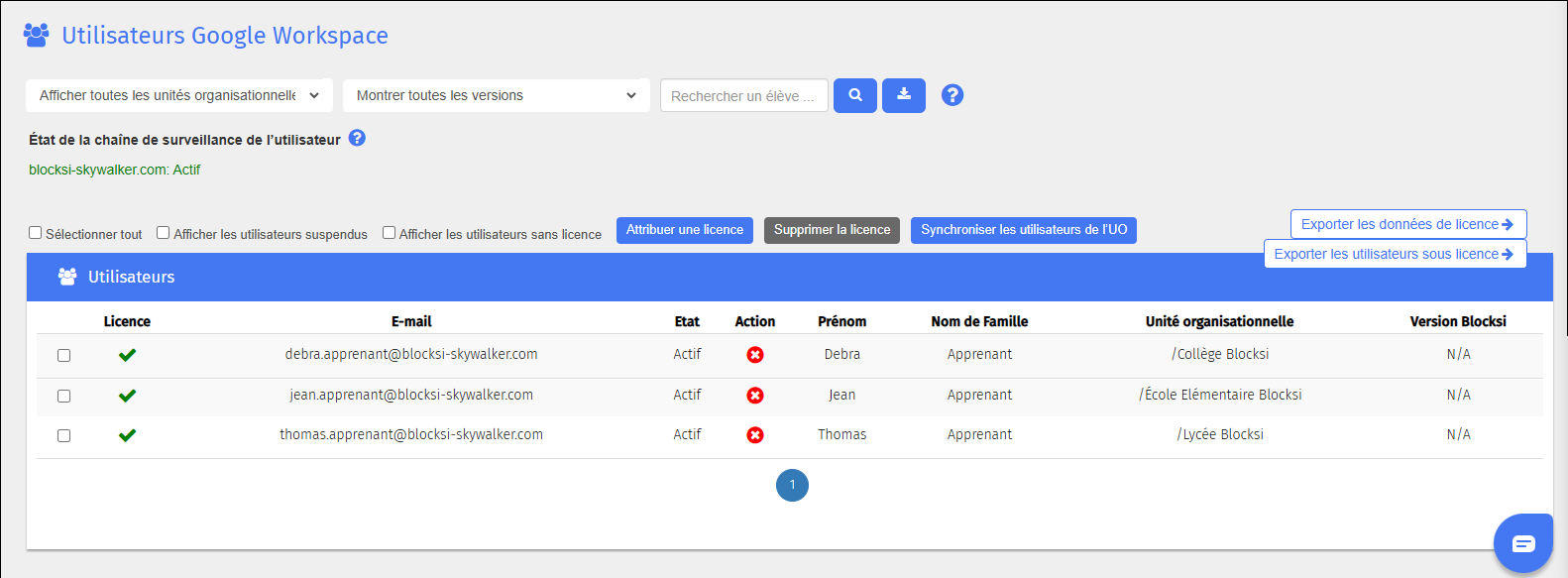 Écran des utilisateurs de Google Workspace