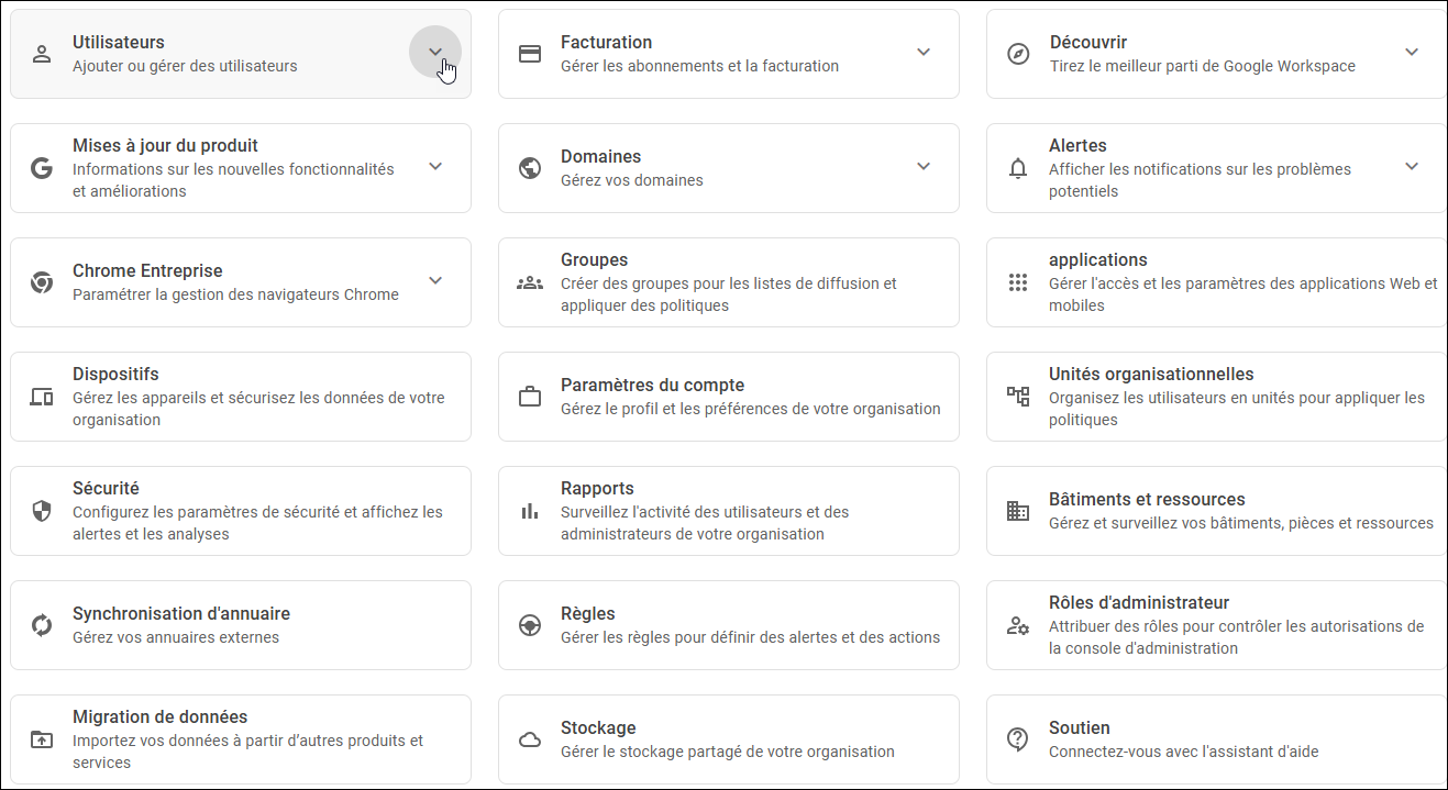 Console d'administration Google - Section Utilisateurs Flèche vers le bas