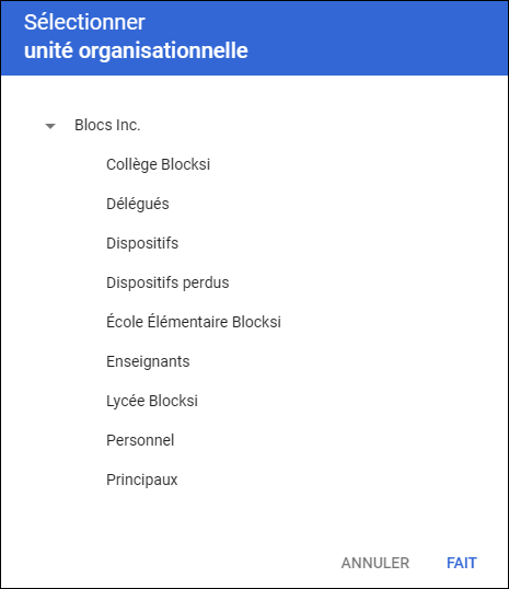 Console d'administration Google - Fenêtre de sélection d'unité organisationnelle