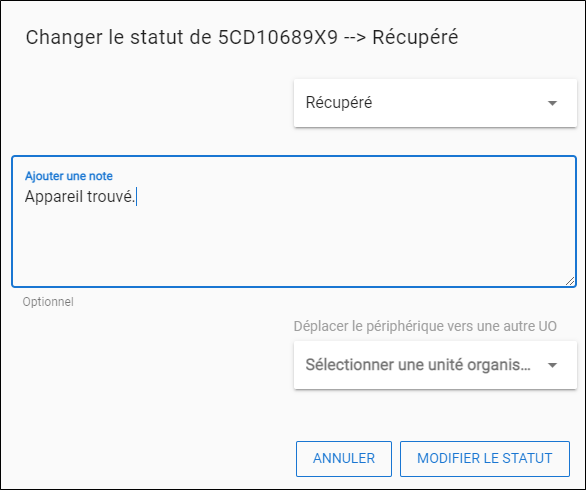 Fenêtre de modification de l'état de l'appareil