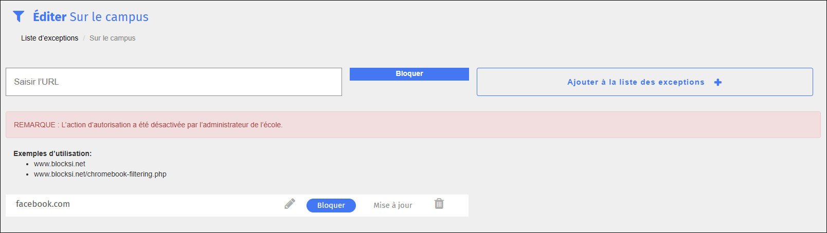 Écran de modification de la liste des exceptions Non autorisé