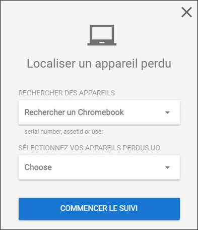 Fenêtre de suivi d'un appareil manquant