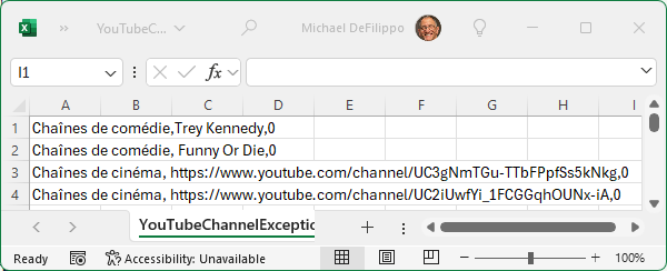 Fichier d'exemple d'importation de la liste des exceptions de la chaîne YouTube