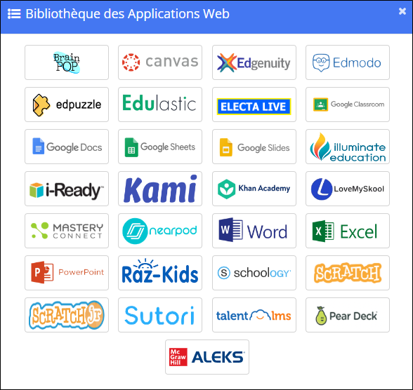 Fenêtre de la bibliothèque d'applications Web