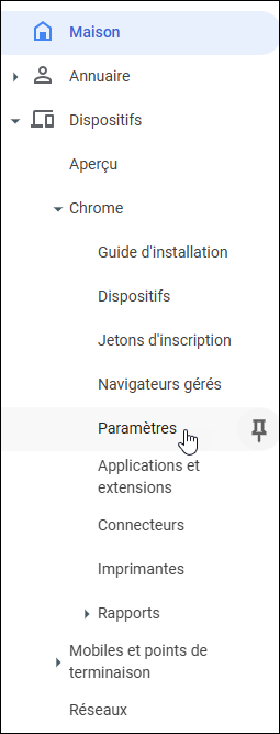 Console d'administration Google - Sélectionnez les paramètres de Chrome