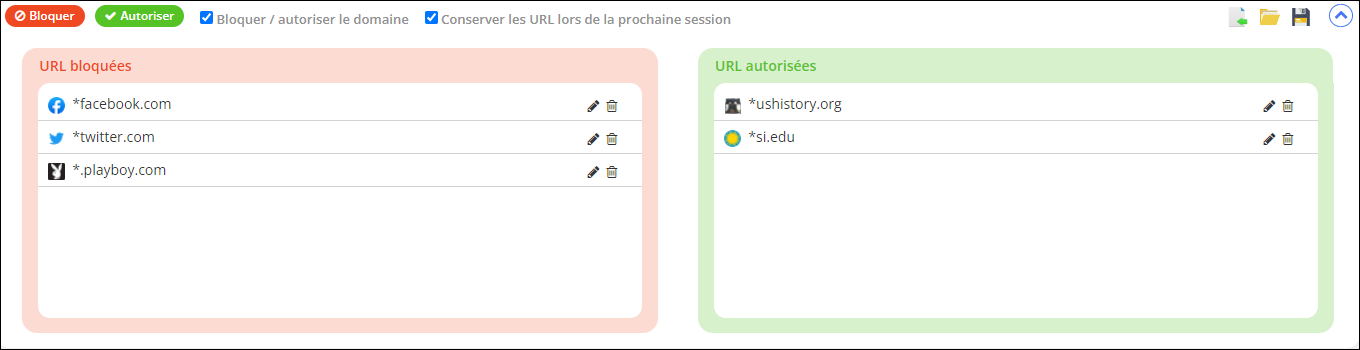 Fenêtres de liste de blocage/d'autorisation