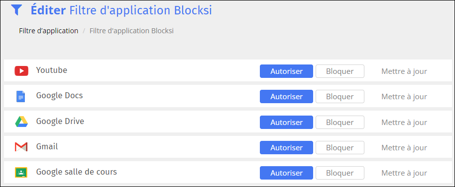 Écran d'édition du filtre d'application