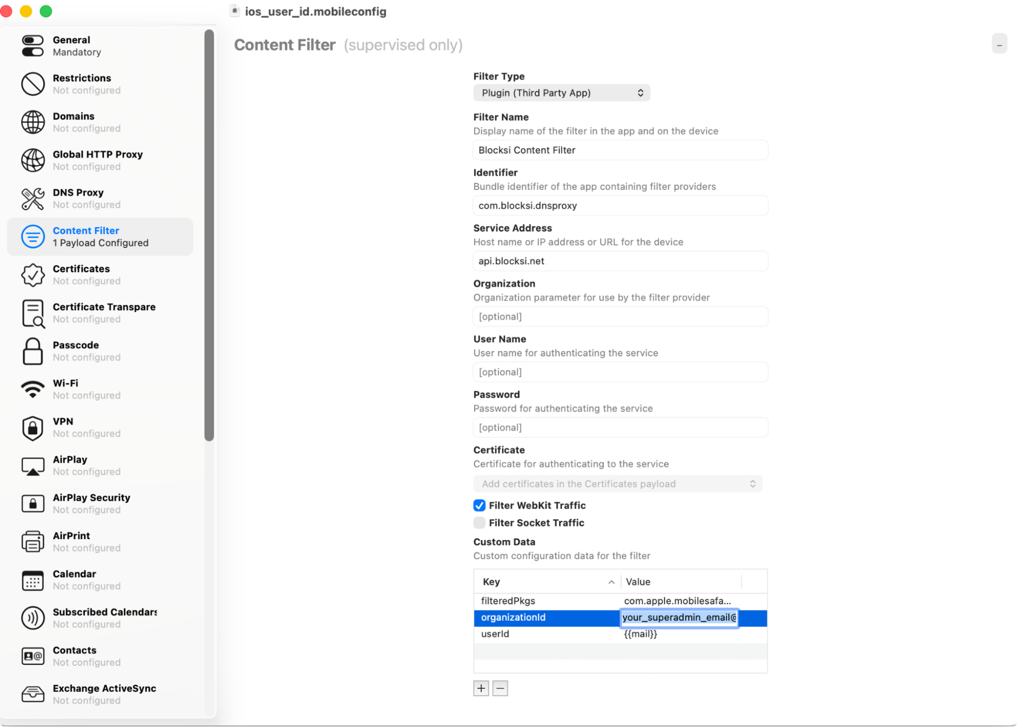 Editando valores no aplicativo Apple Configurator