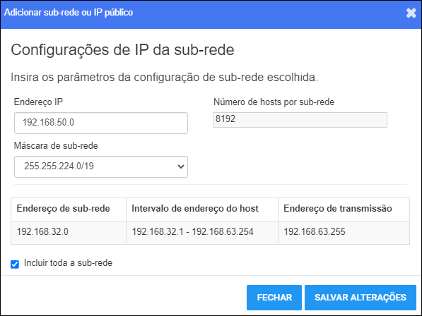 Add Subnet or Public IP Window - With Data Janela Adicionar sub-rede ou IP público — com dados