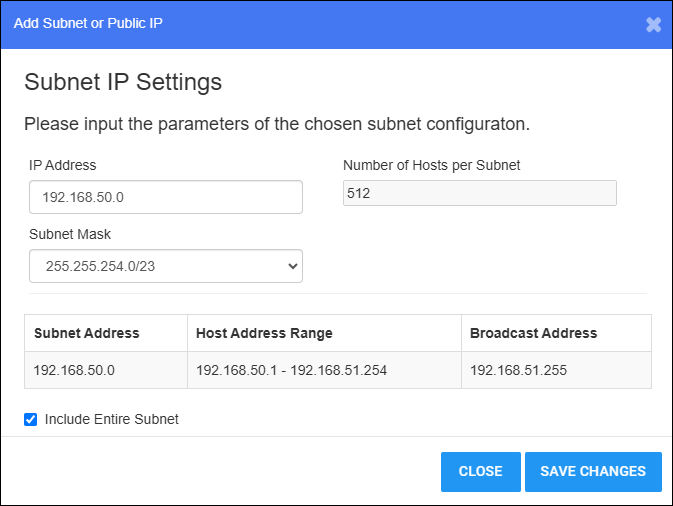 Add Subnet or Public IP Window - With Data