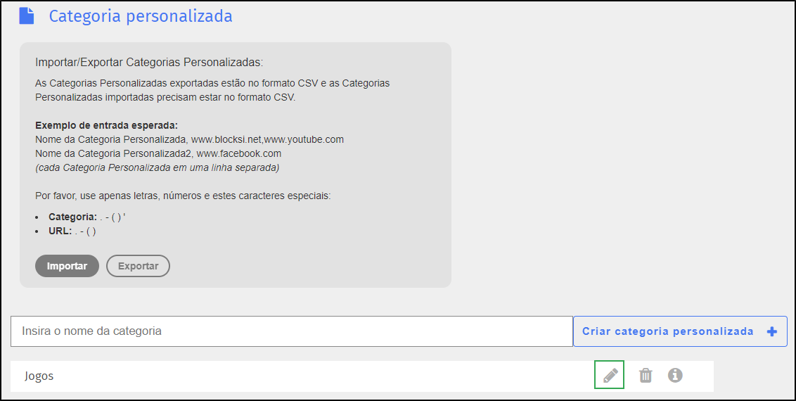 Tela Categoria personalizada — ícone de editar